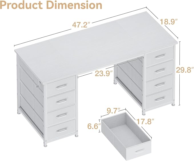 Casaottima 48 Inches Computer Desk with 8 Fabric Drawers, Modern Office Desk with Large Storage for Home Office, Study, White