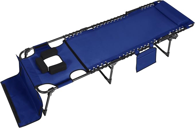 Outdoor Chaise Lounge Chair with Face Hole and Arm Hole, Tanning Chair with 5 Position Adjustable Back, Foldable Lounge Chair with Detachable Pocket and Pillow for Beach, Pool, Blue