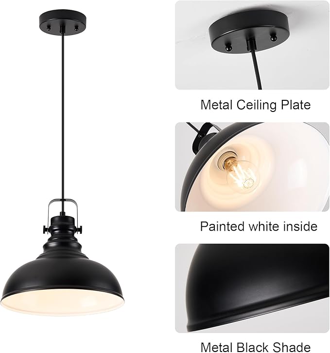 Industrial Pendant Light Fixture, Farmhouse Decor Adjustable Metal Hanging Lamp, Vintage Pendant Lighting for Kitchen Restaurant Dining Room Cafe, E26 Base Black (Black, 2 Pack)