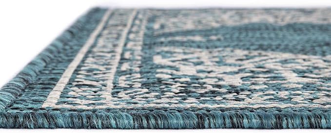 Unique Loom Outdoor Traditional Collection Area Rug - Antique (2' x 8' Runner Teal/Ivory)