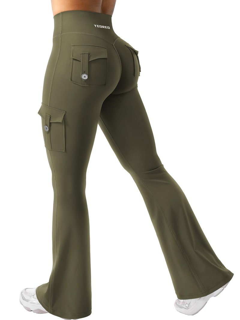 YEOREO CoreFlex Women Workout Flare Leggings with Pockets Hidden Scrunch Cargo Gym Yoga No Front Seam Leggings Army Green XXL