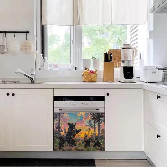 Dishwasher Magnet Cover, Forest Black Bear Family Magnetic Dishwasher Sticker for Kitchen Decoration 23x17in Fridge Panel Vinyl Decal Farmhouse Refrigerator Cover