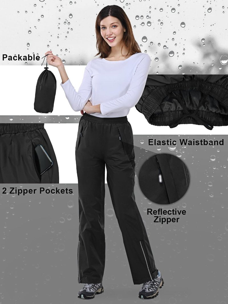 Outdoor Ventures Women's Rain Pants Packable Waterproof Hiking Pants Windproof Breathable Outdoor Rain Over Pants Black