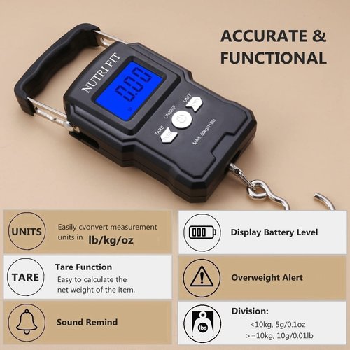 NUTRI FIT Digital Luggage Scale - Portable Handheld Suitcase Weighing Tool | 110lb Capacity for Travel