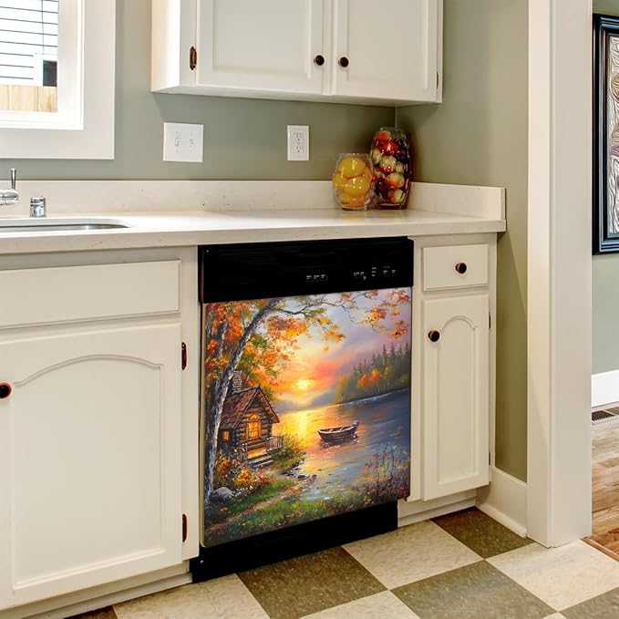Autumn House Lake Boat Dishwasher Magnet Cover for The Front Magnetic Dishwasher Door Covers Dish Washer Sticker Wrap Home Decorative Appliances Panel Decal Kitchen Decor 23" x 26" (Magnetic)