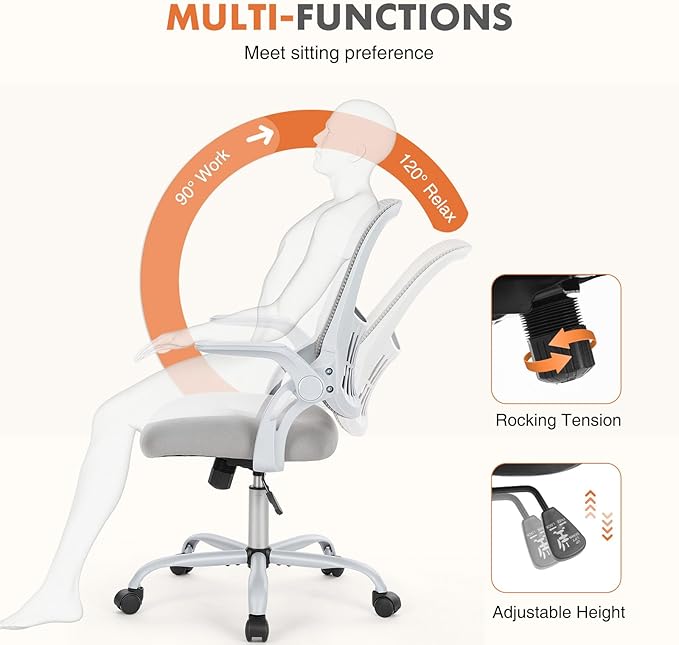 Sweetcrispy Home Office Managerial Executive Chair, Ergonomic Mesh Adjustable Swivel Mid-Back Chair with, Flip-up Arms, Comfortable Lumbar Support, Comfy Arms for Bedroom,Study,Student, Grey