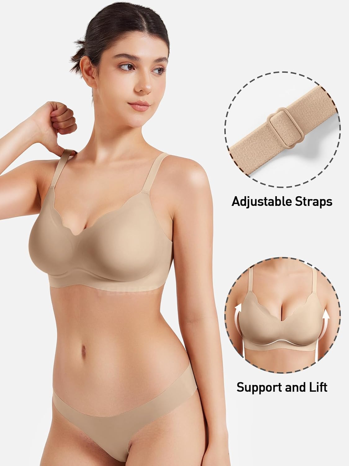 YEOREO Wireless Push-Up Bra - Full Coverage, Seamless Comfort, Scalloped Design | Women's Bralette