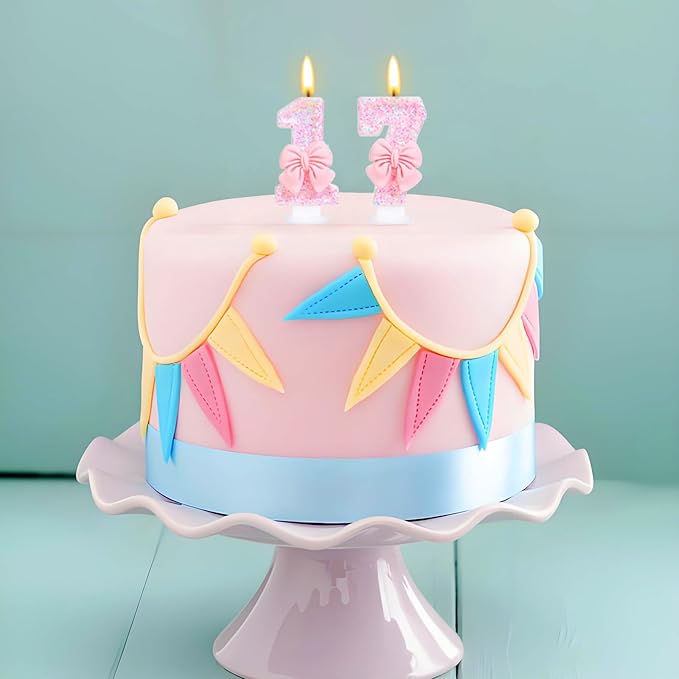 Number 17 Candle Pink Sequins and Bowtie 17th Cake Topper, 17 Birthday Candle for Girls Pastel Sweet Theme Birthday Party or Adults Milestone Age Decoration
