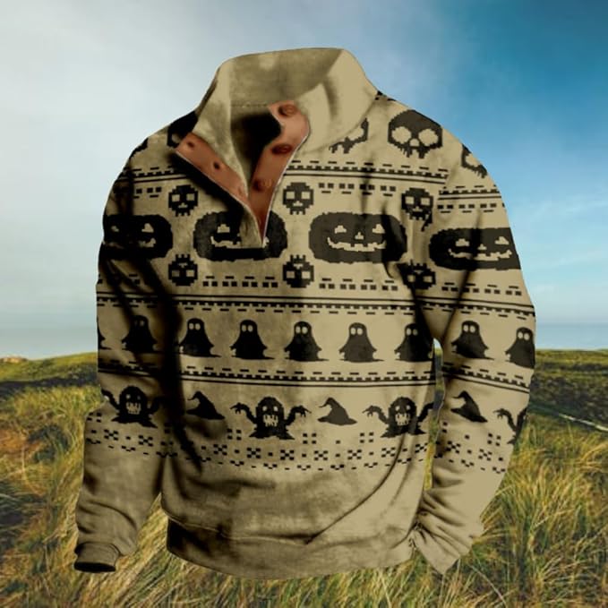 Mens Western Halloween Hoodie Button Up Henley Shirt Cowboys Sweatshirt Men Graphic Long Sleeve Pullover Tops