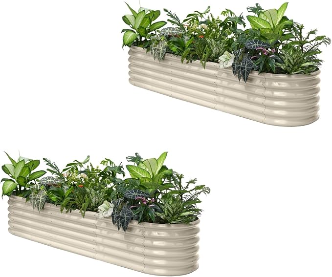 2-Pack 8x2x1.5 ft Galvanized Raised Garden Bed, 18" Tall Planter for Outdoor Plants, Metal Raised Flower Bed for Herb Fruit Vegetable, Garden Planter Outside Backyard & Patio - Sand Beige