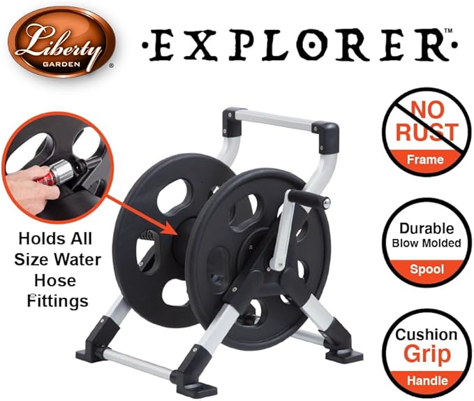 Liberty Garden 306 Explorer Floor or Wall Mount Hose Reel, Aluminum, Holds 150-feet of 5/8-Inch hose, Silver/Black