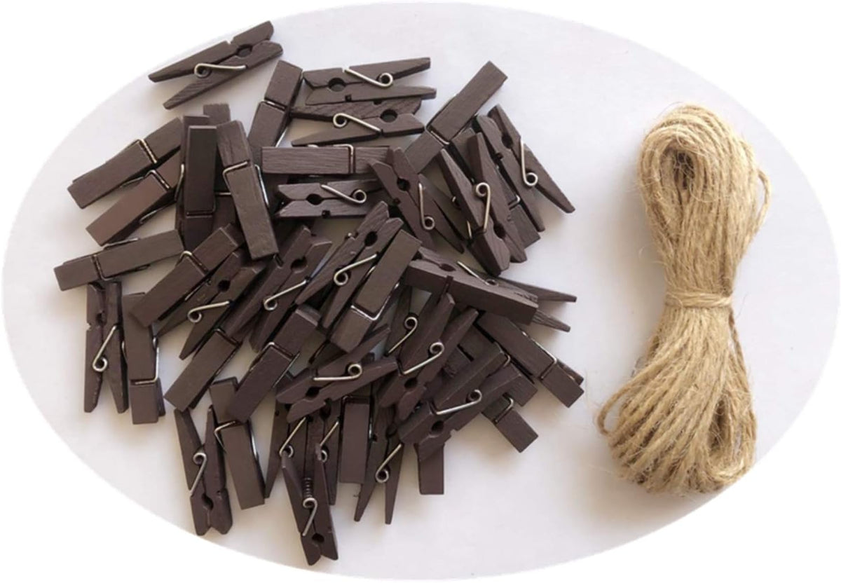 DurReus Small Wood Clothespins Cute Clip Photo Holders DIY Art Craft Display with Jute Twine Brown Pack 50
