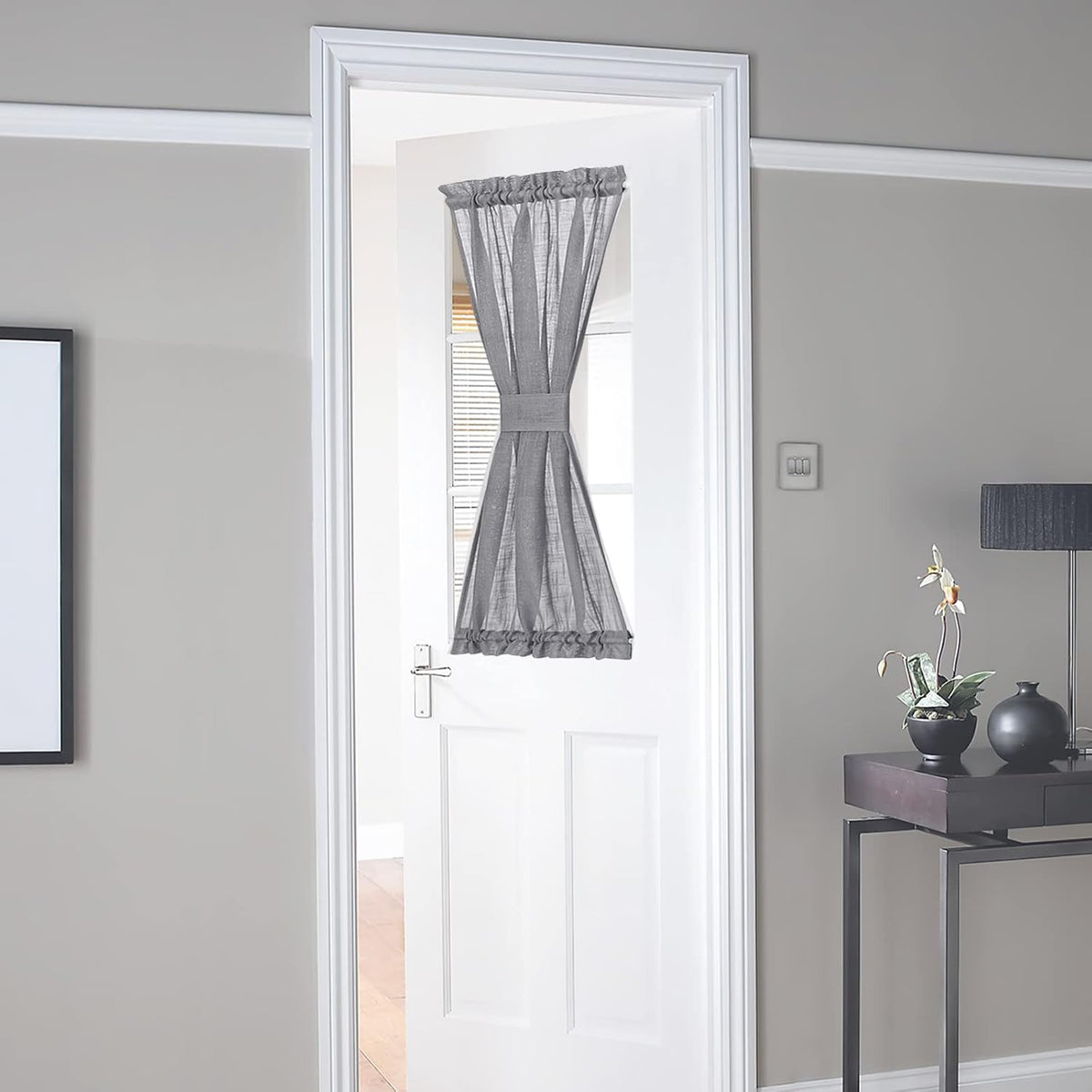 NICETOWN Privacy Sidelight Curtain Short - Semitransparent Voile French Door Panel 40 inches Length French Door Curtain with Tie Backs(Dark Gray, Sold Individually, 30 inches Wide)