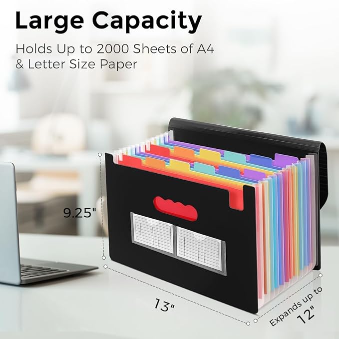 SKYDUE Accordion File Organizer, Expanding File Folder with 13 Pockets, Portable Document Paper Bill Receipt Organizer, School Office Supplies, Letter A4 Size Black