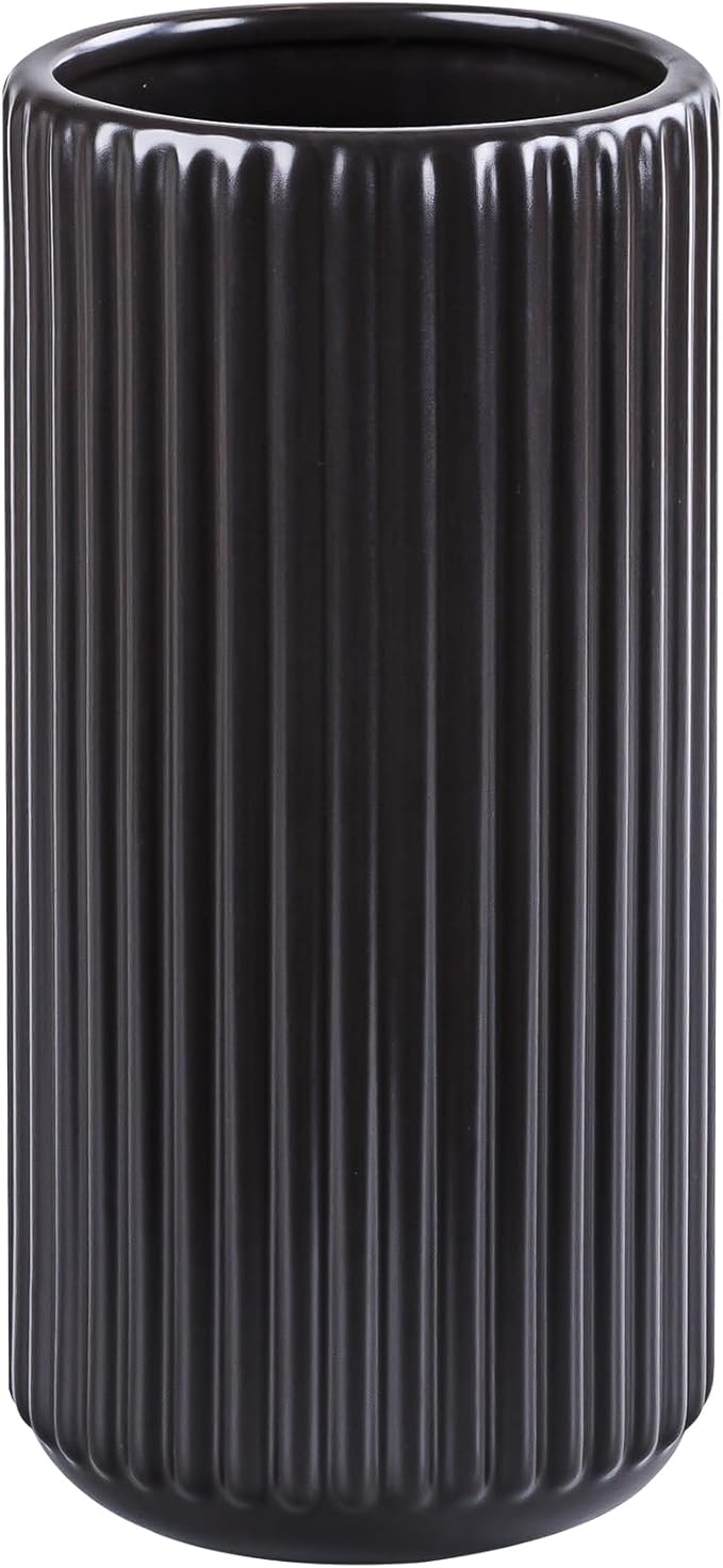 Black Ceramic Flower Vase for Pampas Grass, 10 inch Large Decorative Centerpiece Ribbed Vase for Dining Table, Office Desktop, Shelf Bookshelf, Mantel, Entryway, Bathroom, Countertop, Farmhouse, Gift