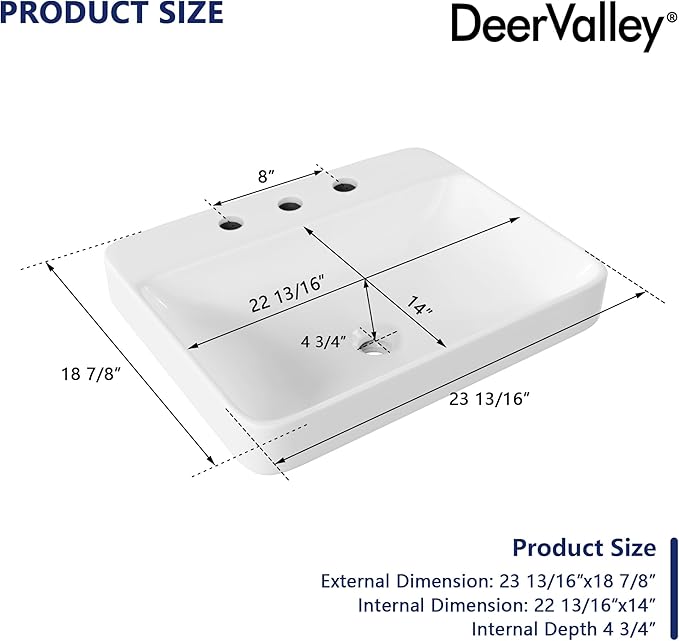 DeerValley 24x19 Inch Rectangular Drop-in Bathroom Sink, White Semi Recessed Vessel Sink with Overflow and Three Faucet Holes, Ceramic Vanity Basin, DV-1DS0121