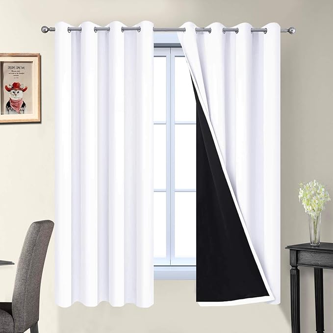 Yakamok White 100% Blackout Curtains, 2 Thick Layers Full Light Blocking