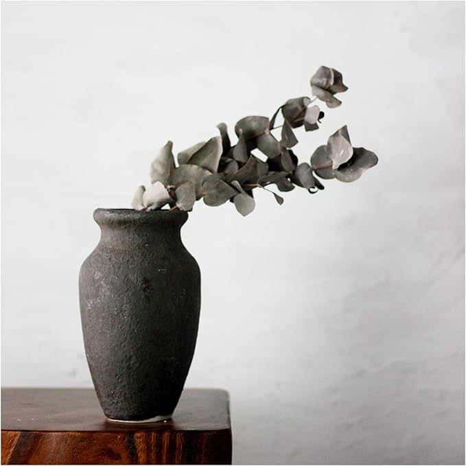 roro 7-Inch Handmade Textured Black Ceramic Prunus Vase - Artisan Handcrafted for Home & Office Decor, Ideal Housewarming Gift, Modern Rustic Farmhouse Minimalist