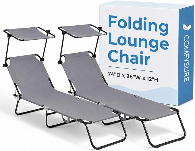 Folding Outdoor Set of 2 Lounge Chairs with Canopy - Portable & Adjustable Beach Lounge Chair - 5-Positions, Carry Handles, 600D Fabric, 220 lbs Capacity – Tanning Chaise Lounge for Beach, Patio, Lawn