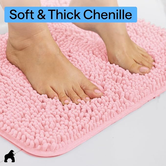GORILLA GRIP Plush Absorbent Shaggy Chenille Bath Rug Mat for Oval Toilet Base with Rubber Backing, Machine Washable Rugs, Soft Microfiber Contour Mats for Toilets, Bathroom Decor, Lt Pink