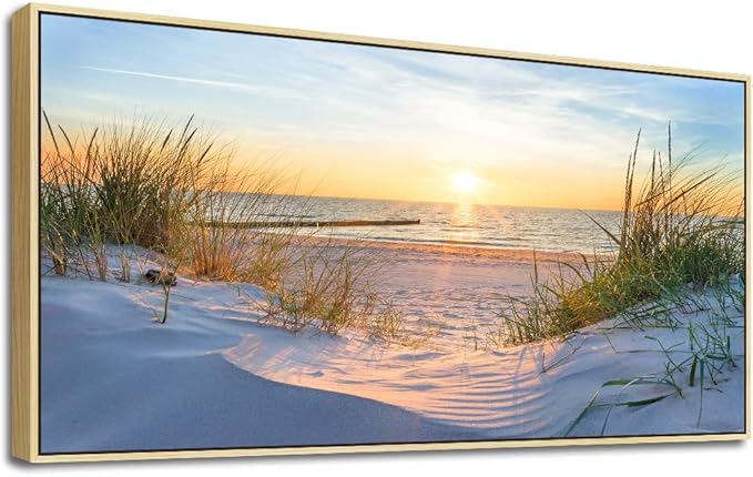 MHARTK66 Large Wall Decor For Office Canvas Wall Art For Living Room Bedroom Poster Art Prints Sun Seascape Wall Painting Blue Ocean Pictures Artwork For Walls Natural Wood Framed 24" X 48"