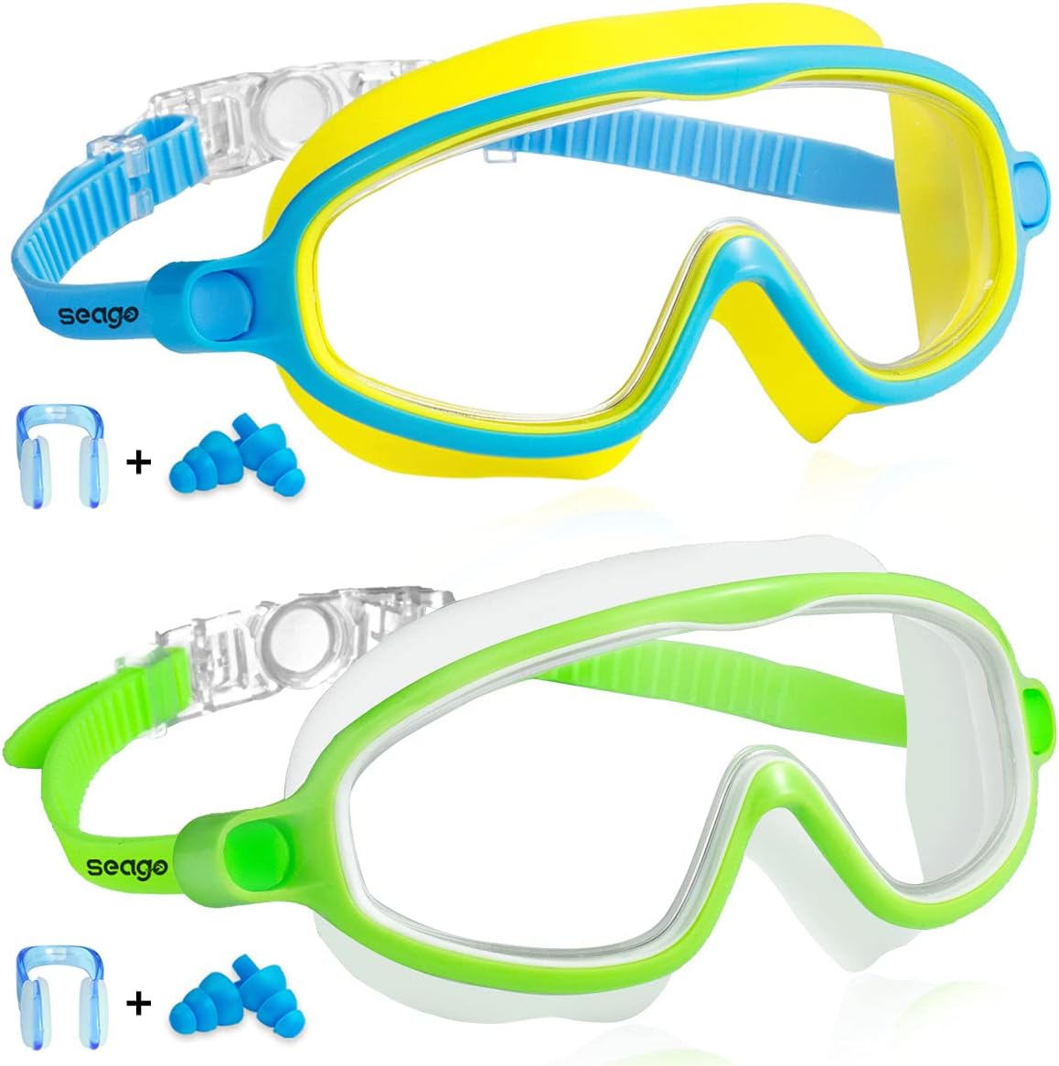 Seago Swim Goggles - Anti-Fog & Anti-UV Wide View Design | 2-Pack for Kids Ages 3-15