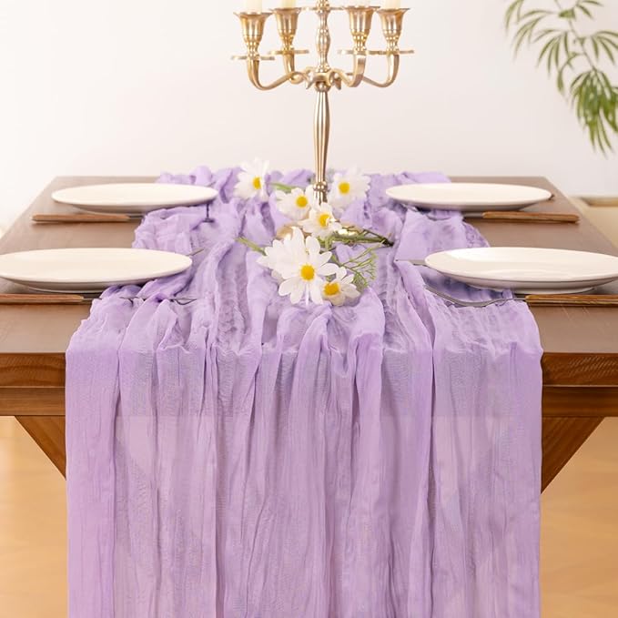 Socomi Lilac Purple Lavender Cheesecloth Table Runner Fall Thanksgiving Boho Rustic Gauze 120 inch 10FT Cheese Cloth Runner for Wedding Party Baby Shower Birthday Home Decor Holiday Decorations