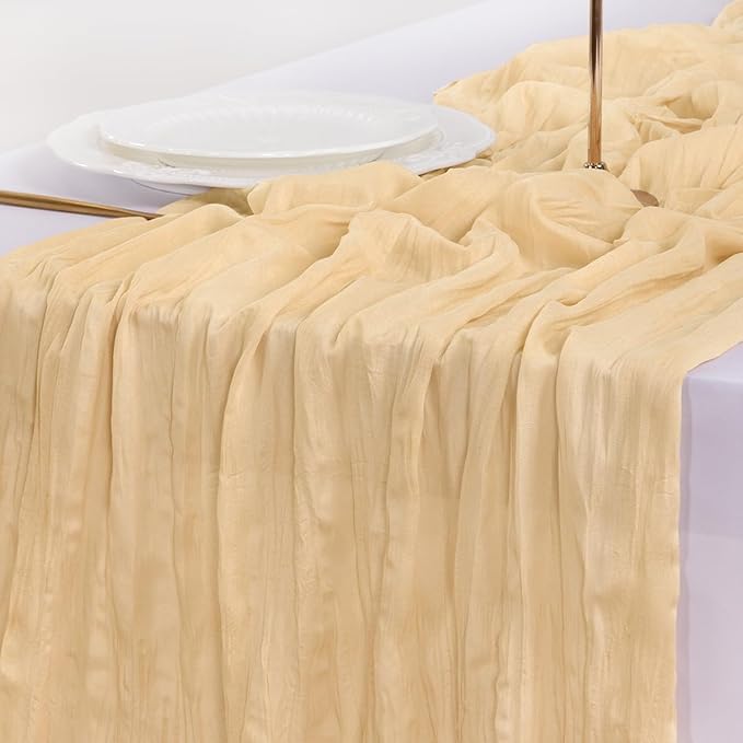 Socomi 6pcs Gold Champagne Cheesecloth Table Runner Fall Thanksgiving Boho Rustic Gauze 120 inch 10FT Cheese Cloth Runner for Wedding Party Baby Shower Birthday Home Decor Holiday Decorations