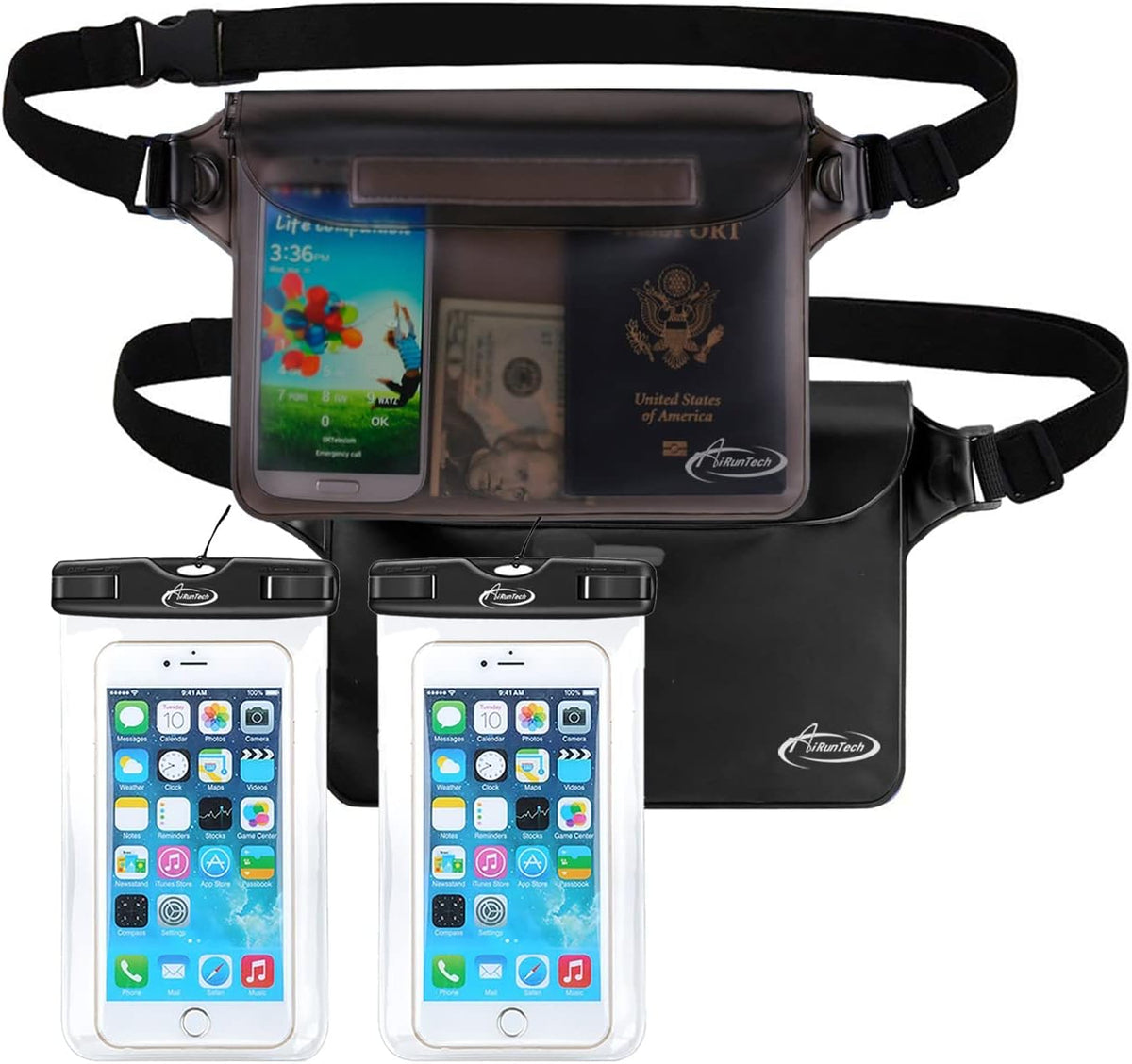 AiRunTech Waterproof Fanny Pack - IPX8 Dry Bag for iPhone 16/15/14/13/12/11 Pro Max | Includes Two Phone Cases & Waist Bags