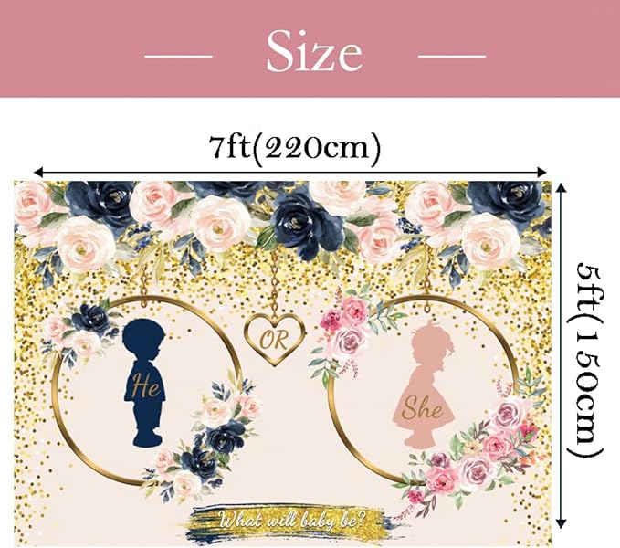 Gender Reveal Backdrop 7x5ft Navy and Blush He or She What Will Baby Be Gender Reveal Backdrop Boy or Girl Pregnancy Reveal Photography Background Baby Shower Backdrop Cake Table Decor
