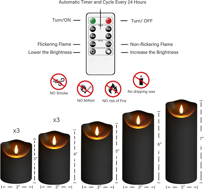 Flameless Candles with Remote Timer, Battery Operated Realistic Flickering LED Candles, 9 Packs Fake Candles for Home Decor (D3 x H 3" 4" 5" 6" 7") (Black)