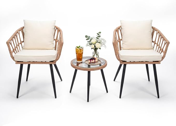 Upgraded 3 Piece Patio Bistro Set for Balcony, Backyard, Porch, Beige | All-Weather Rattan Patio Conversation Set, Tempered Glass Side Table, Easy-Clean Surface