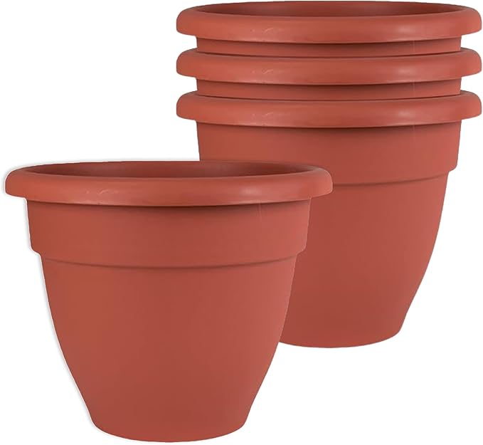 The HC Companies 6 Inch Caribbean Planter Pots with Drainage & Plug, Rolled Rim Plastic Planters for Indoor & Outdoor Plants, 4-Pack Decorative Flower Pots for Garden, Office & Home Decor, Clay