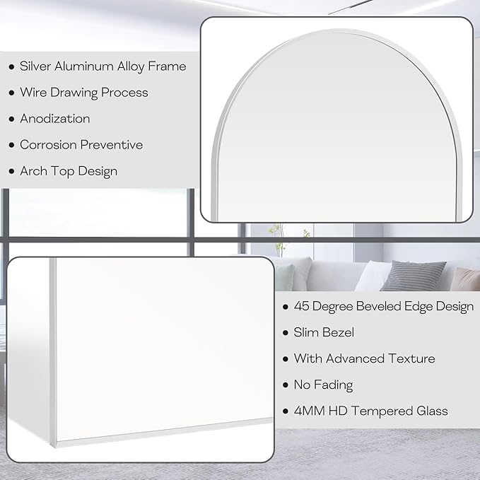22" x 30" Silver Arched Mirror, Arch Bathroom Vanity Mirror, Modern Aluminum