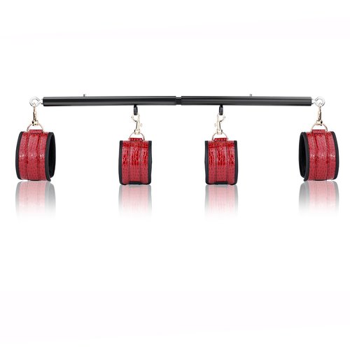 Spreader Bar Heavy Duty Stainless Steel Expandable Black Bar Home Gym with 4pcs Furry Crocodile Pattern Red Adjustable Strap,Sports Aid Training Fitness Gear Pilates Aid Kit,Indoor Yoga Set
