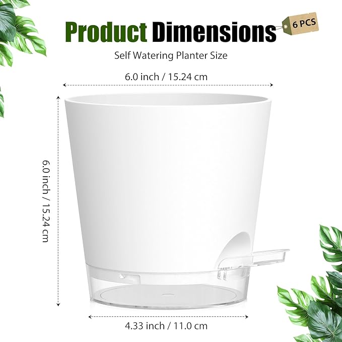 Plant Pots 6 Inch Self Watering Pots,6 Pack Plastic Planters with Drainage Holes and Clear Saucers,Plastic Flower Pots,Nursery Planting Pot for Indoor Out Door Plants (White)