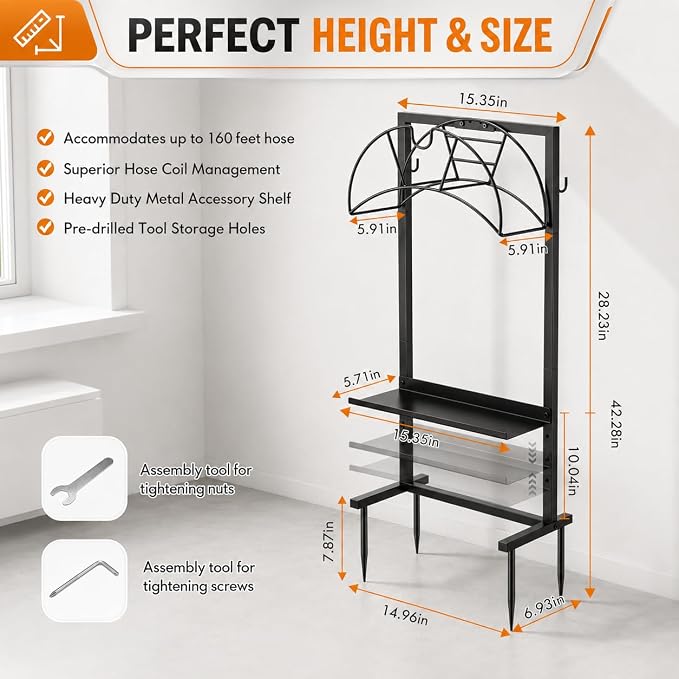 facka Garden Hose Holder Freestanding Metal Hose Stand 4-Prong Shelf Hooks | Holds up to 160FT Hose for Yard Garden Outdoor，Water Hose Holder and Hose Hanger, Alternative to Hose Reels for Outside