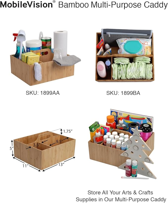 MobileVision Bamboo Multi-Purpose Caddy with Handle, 3 Sections, Sturdy Durable Carrier for Cleaning Supplies, Spray Bottles, Towels, Sponges and more