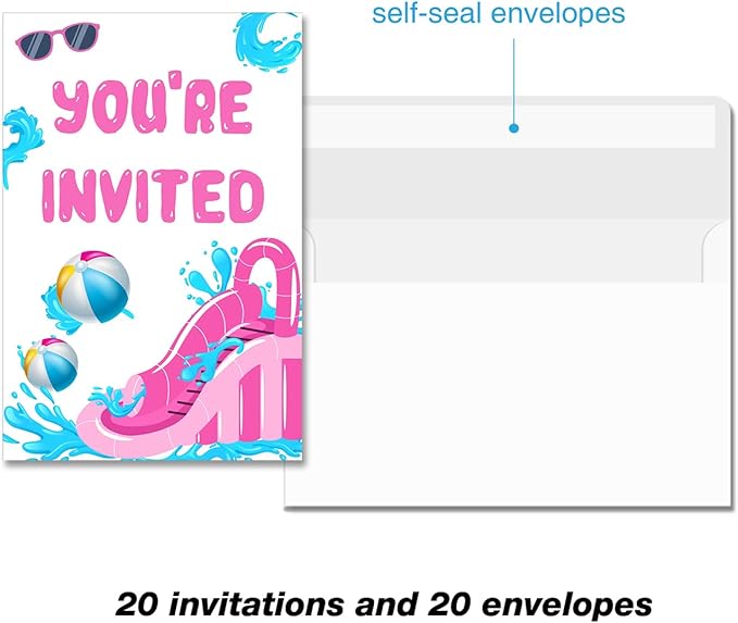 Splish Splash Water Slide Bash Party Invitations with Envelopes Set of 20 Summer Pink Waterslide Theme Birthday Party Invites Fill in Blank