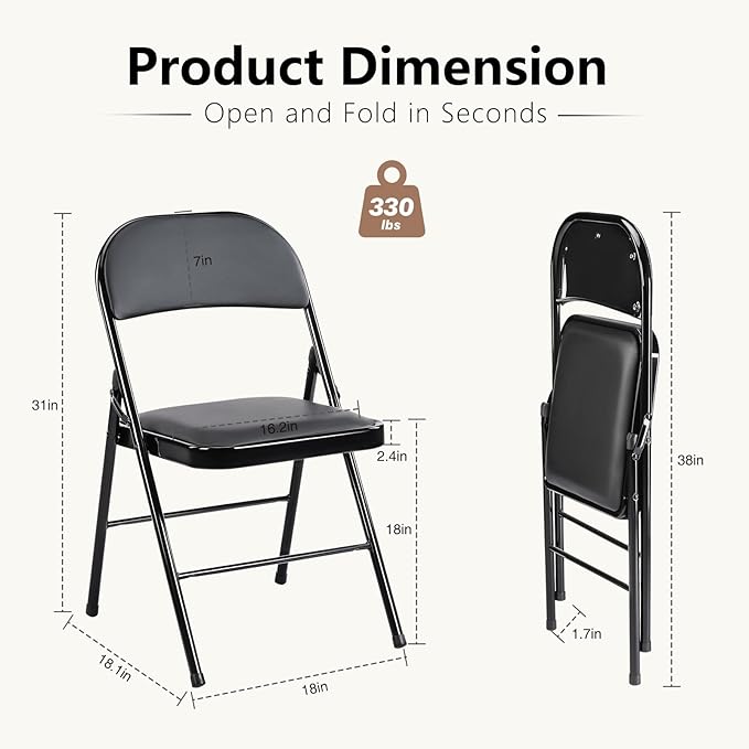 DUMOS 10 Pack Leather Padded Folding Chair, Indoor Outdoor Portable Stackable Commercial Seat with Steel Frame, Capacity for Home, Office, Party, Comfy, Black