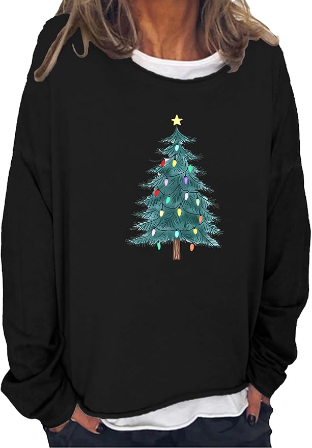LOAIHA Merry Christmas Sweatshirt Crewneck Snowman Graphic Shirts Christmas Tree Sweater Long Sleeve Xmas Hoodie Pullover