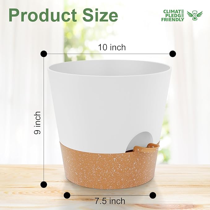 YNNICO 10 inch Plant Pots, Self-Watering Planters with Drainage Holes & Saucers for Indoor and Outdoor Plants (2-Pack,White