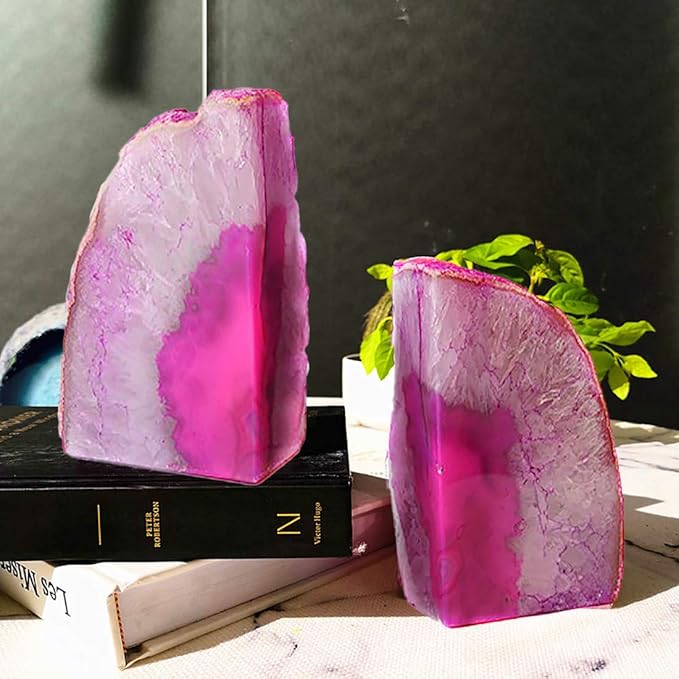 JIC Gem Pink Dyed Agate Bookends Geode Book Ends Stone Bookends for Shelves to Hold Books Heavy Duty with Rubber Bumpers for Decoration Brazilian(1 Pair, 3-4 LBS)