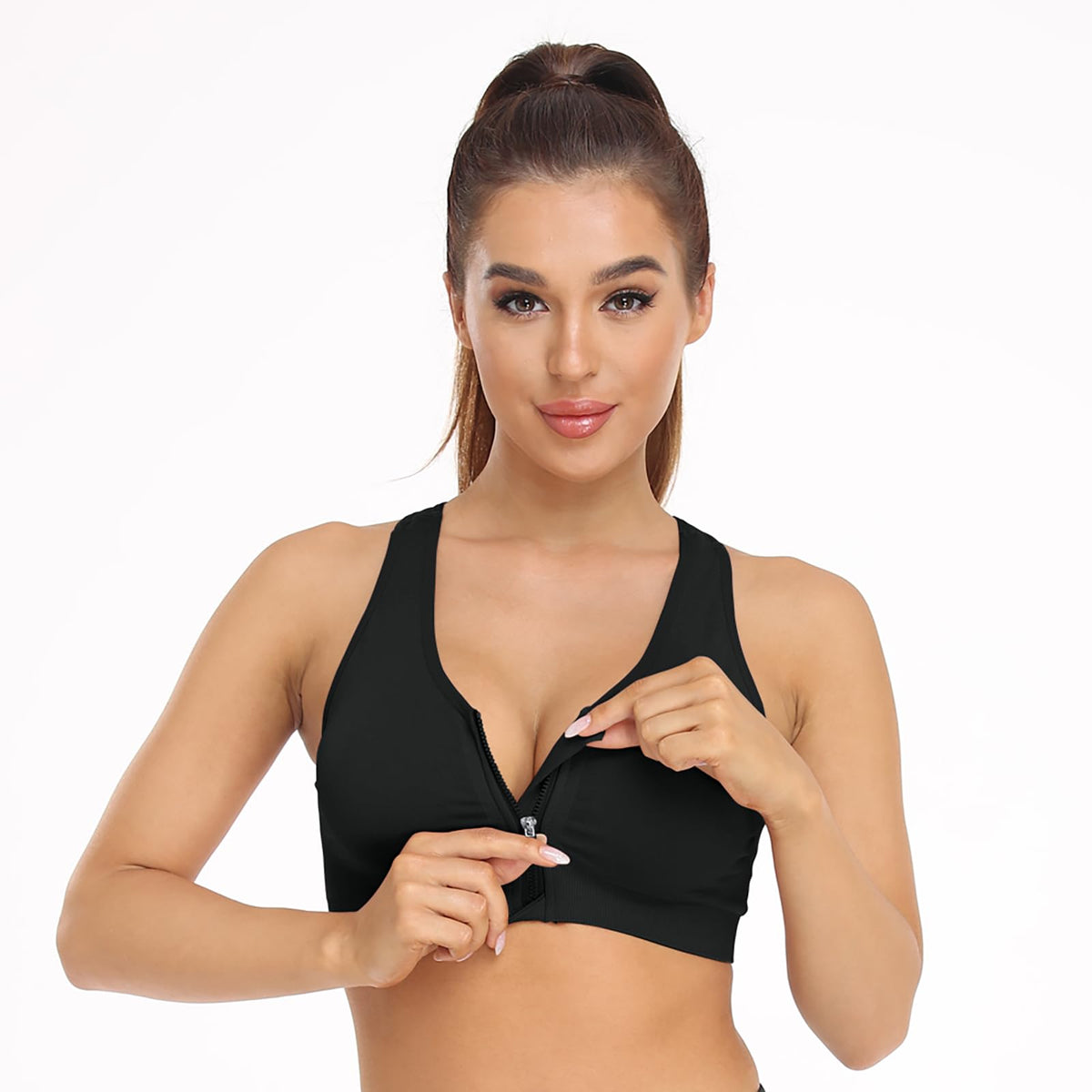 Women's Zip Front Sports Bra - Wireless, Padded, Open Front, Racerback - Comfortable Yoga & Workout Bras - Plus Size (XX-Large) 3 Pack (Black+Flesh+Purple)