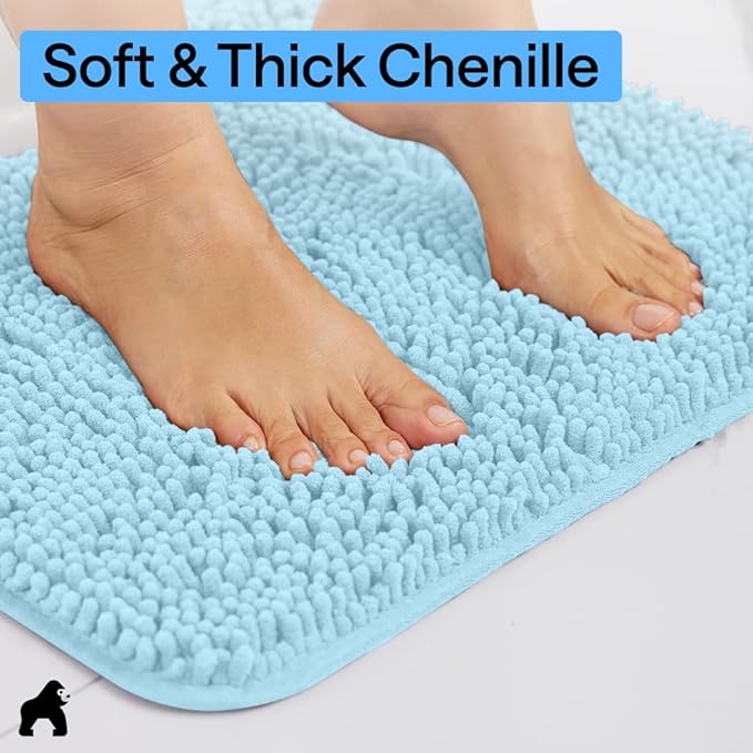 GORILLA GRIP Bath Rug Mat 36x24, Thick Soft Absorbent Chenille, Quick Dry Microfiber Mats, Rubber Backing Washable Shower Floor Rugs, Bathmat Runner, US Designed Bathroom Home Decor Accessories Sky