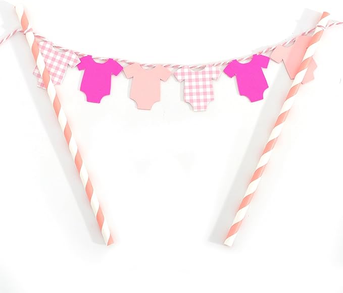 Pink Baby Shower Cake Topper - Pink Bodysuit Gingham Cake Topper,Gender Reveal Decor,Baby Shower Cake Decorations,Gingham Onesie Party Decorations (pink)