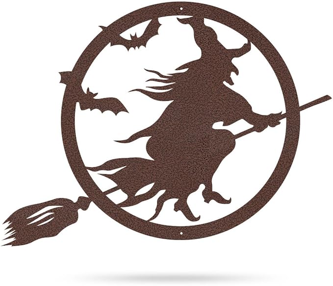 RealSteel Witch Halloween Decoration - Metal Broom Riding Décor - Scary Indoor Outdoor Wall Sign for Haunted Houses - Wicked Witch Flying Porch Art - Flying Bats Front Door Art (24, Orange)