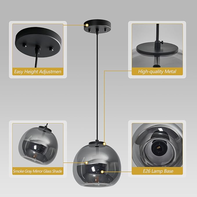 1-Light Mirror Smoke Gray Glass Pendant Lights Kitchen Island Black Hanging Light Fixture 7.87" Glass Globe Pendant Light Modern Pendant Lighting for Kitchen Island Bedroom Dining Room