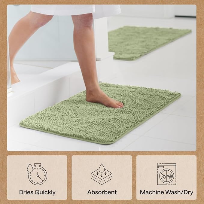 GORILLA GRIP Bath Rug Mat 36x24, Soft Absorbent Chenille, Quick Dry Microfiber Mats, Rubber Backing Washable Shower Floor Rugs, Bathmat Runner, US Designed Bathroom Home Decor Accessories Sage Green