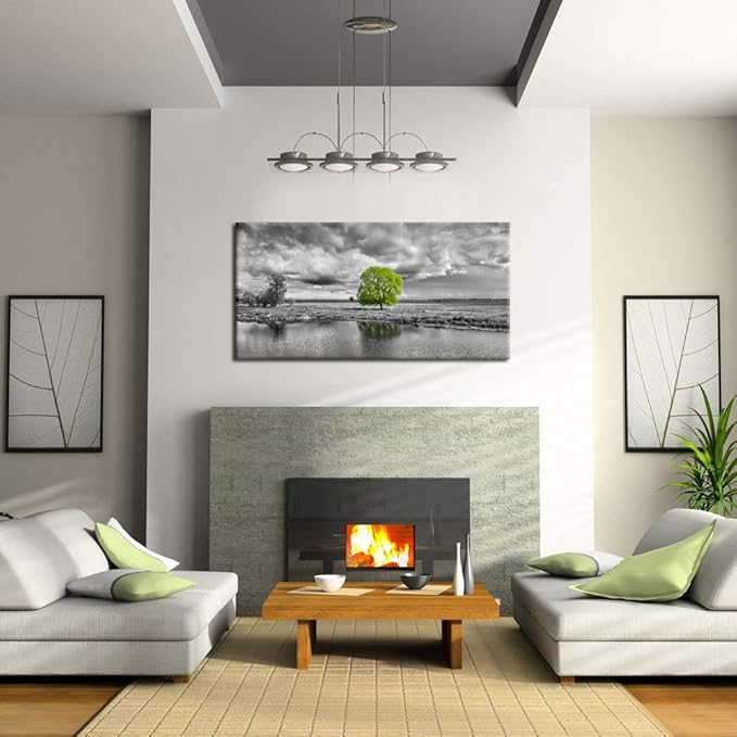 KREATIVE ARTS Canvas Wall Art Paintings Green Tree Landscape in Black and White Modern Giclee Framed Artwork Pictures for Living Room Decoration 40x20inch